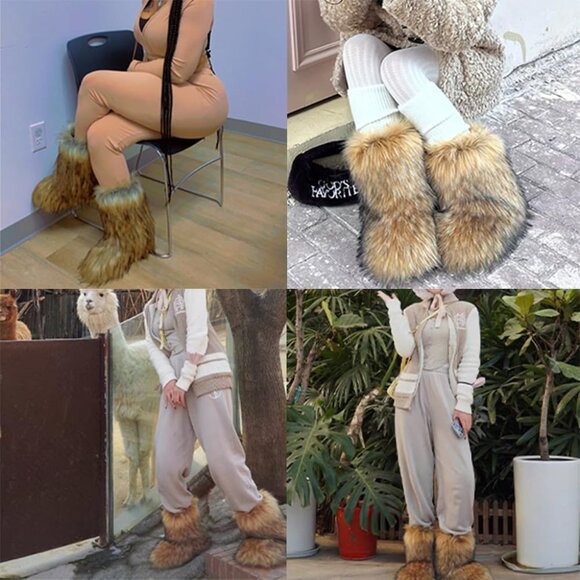 ⚡Women Dark Gray Faux Fur Winter Warm Knee High Flat Heel Fluffy  Snow Fur Boots - Picture 8 of 9